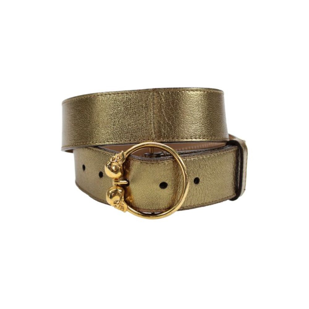 Alexander McQueen Womens Leather Skull Buckle Belt Gold Metallic Size 32